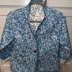 Vintage Trimdin Blue & Cream Quilted Jacket – Leaf Print –reversible–Size S/M